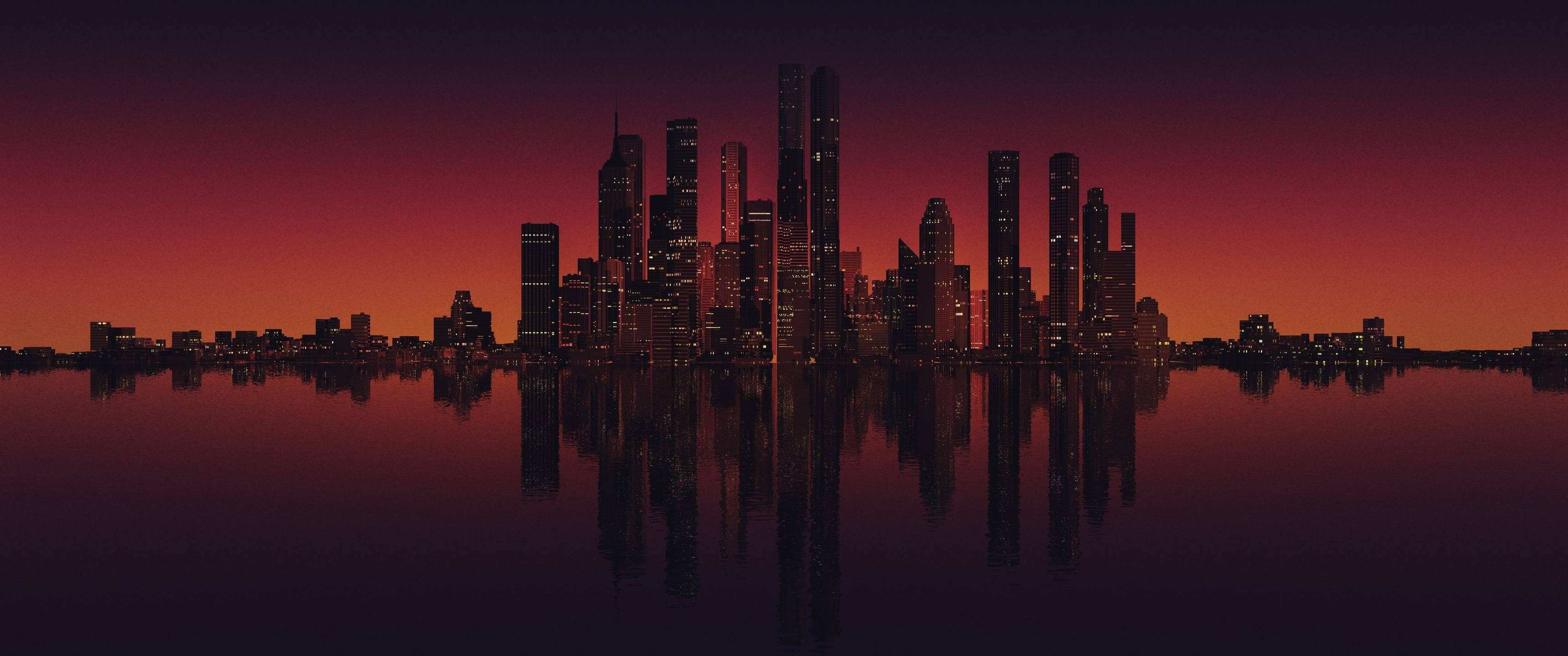 3440x1440 קו רקיע מינימליסטי במים טפט