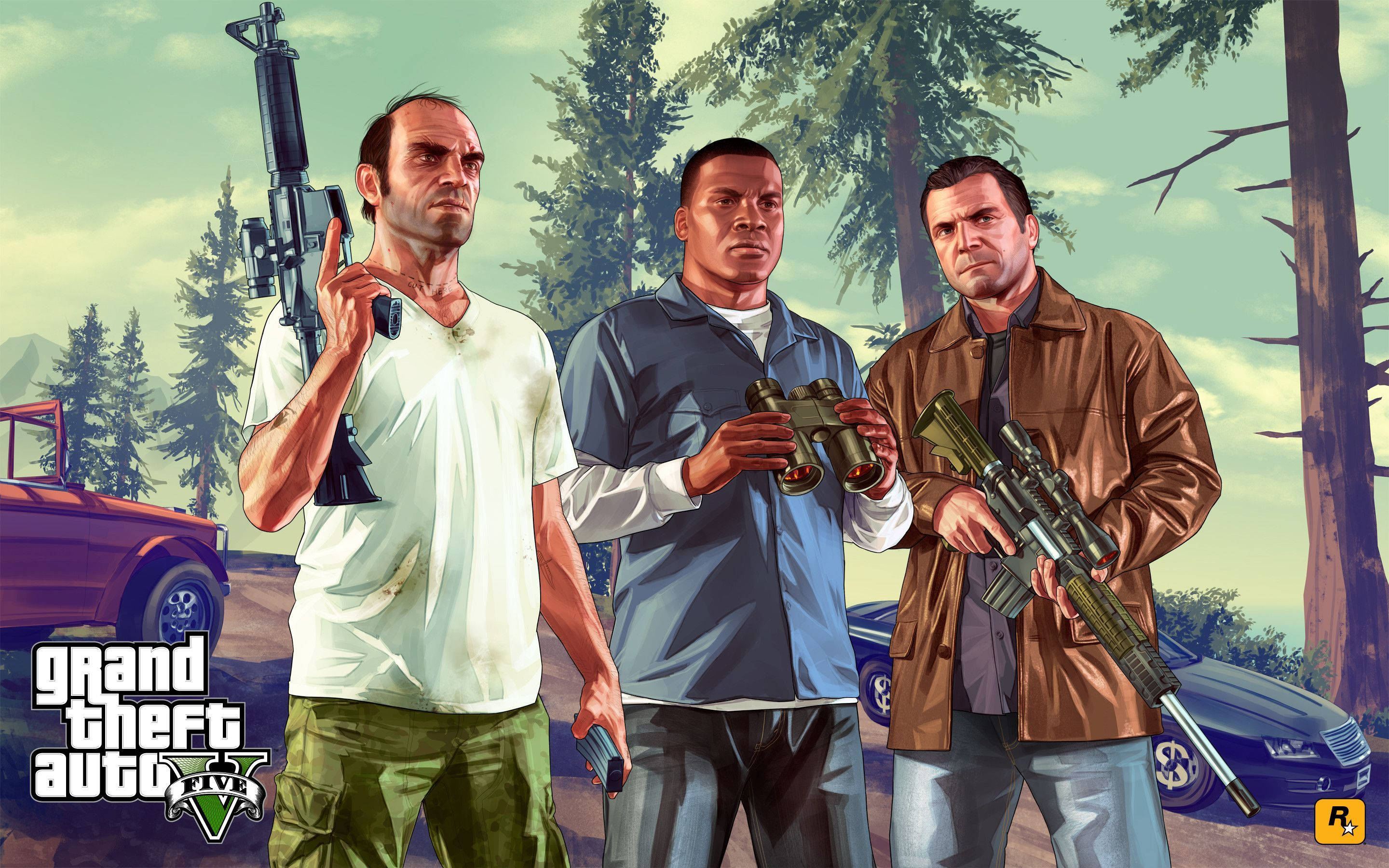 4K GTA 5 טרבור פרנקלין מייקל עם רובים טפט