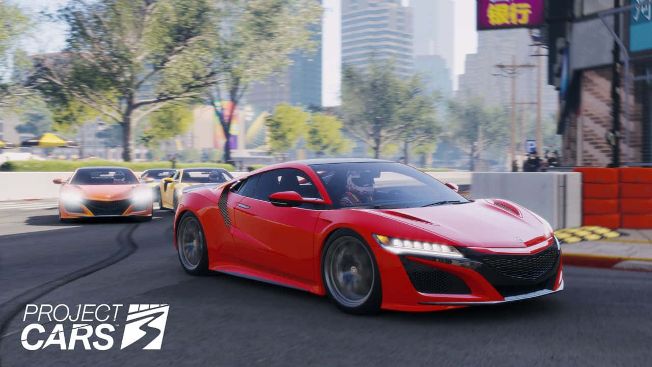 מכונית אדומה בין עצים 720p רקע למשחק Project Cars טפט