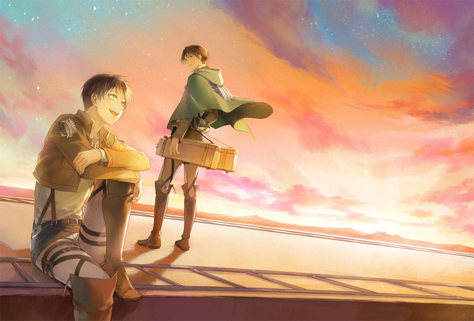 הצמד ההרואי, ארן ולוי, מ-Attack on Titan לוקחים רגע בתוך לילה זרוע כוכבים. טפט