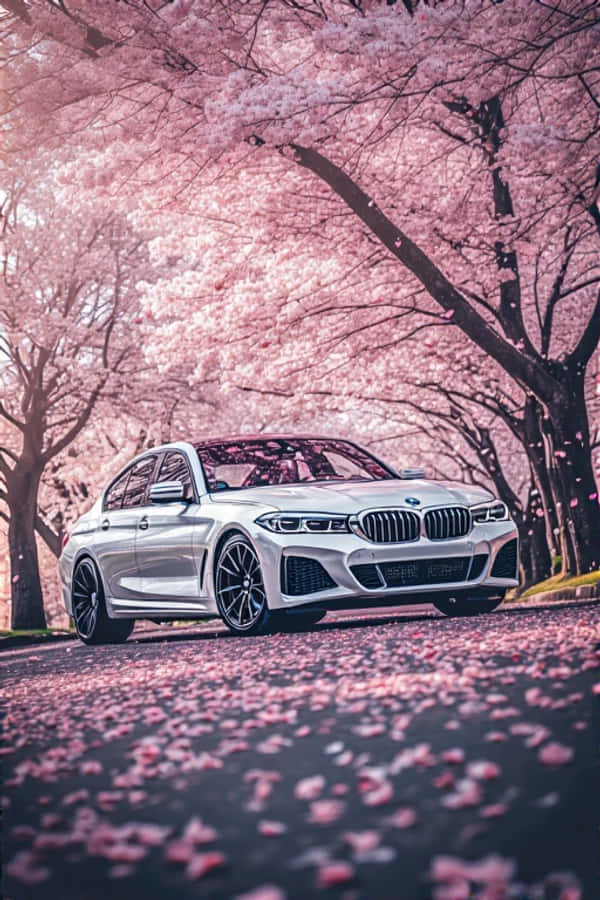 BMW לבן וחלק תחת פריחת הדובדבן באביב אסתטי טפט