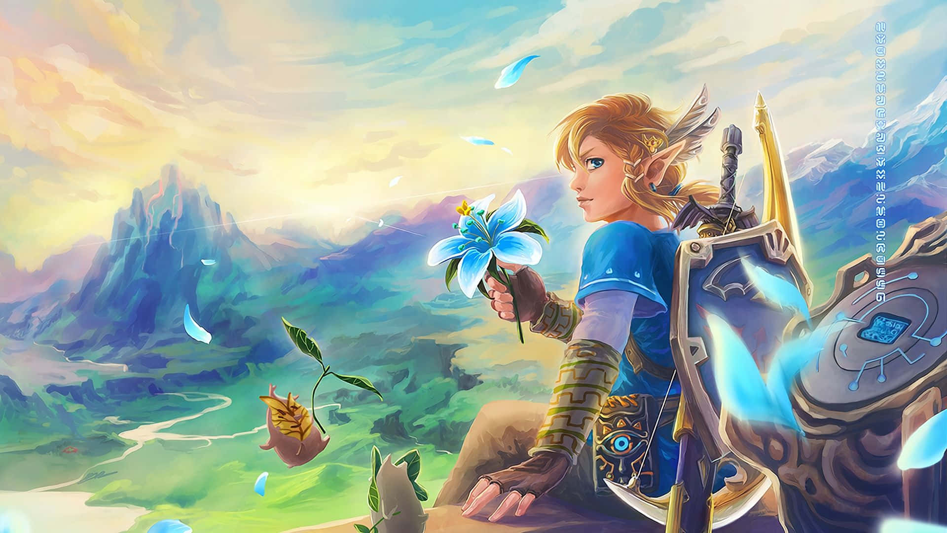 ציור פאנרט של לינק עם פרח מזלדה BOTW טפט