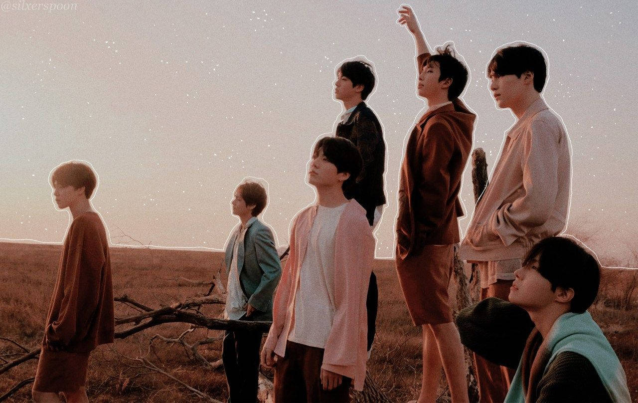 חברי BTS על שדה בשקיעה למחשב טפט