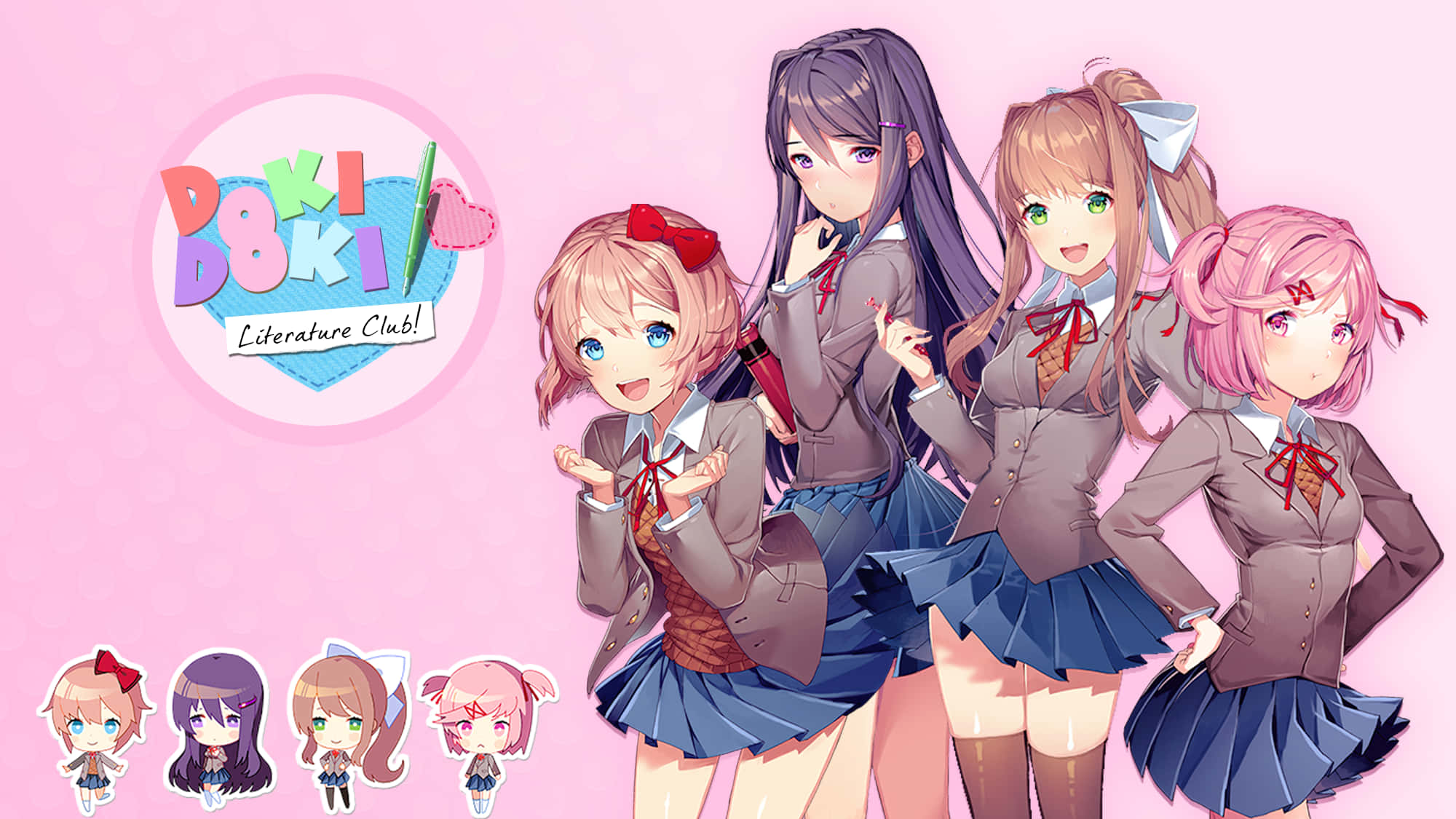 בנות DDLC על רקע לבן עם לוגו טפט
