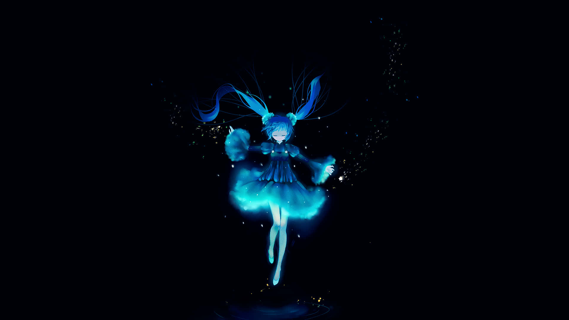 רקע אנימה כחול של Hatsune Miku על רקע שחור טפט