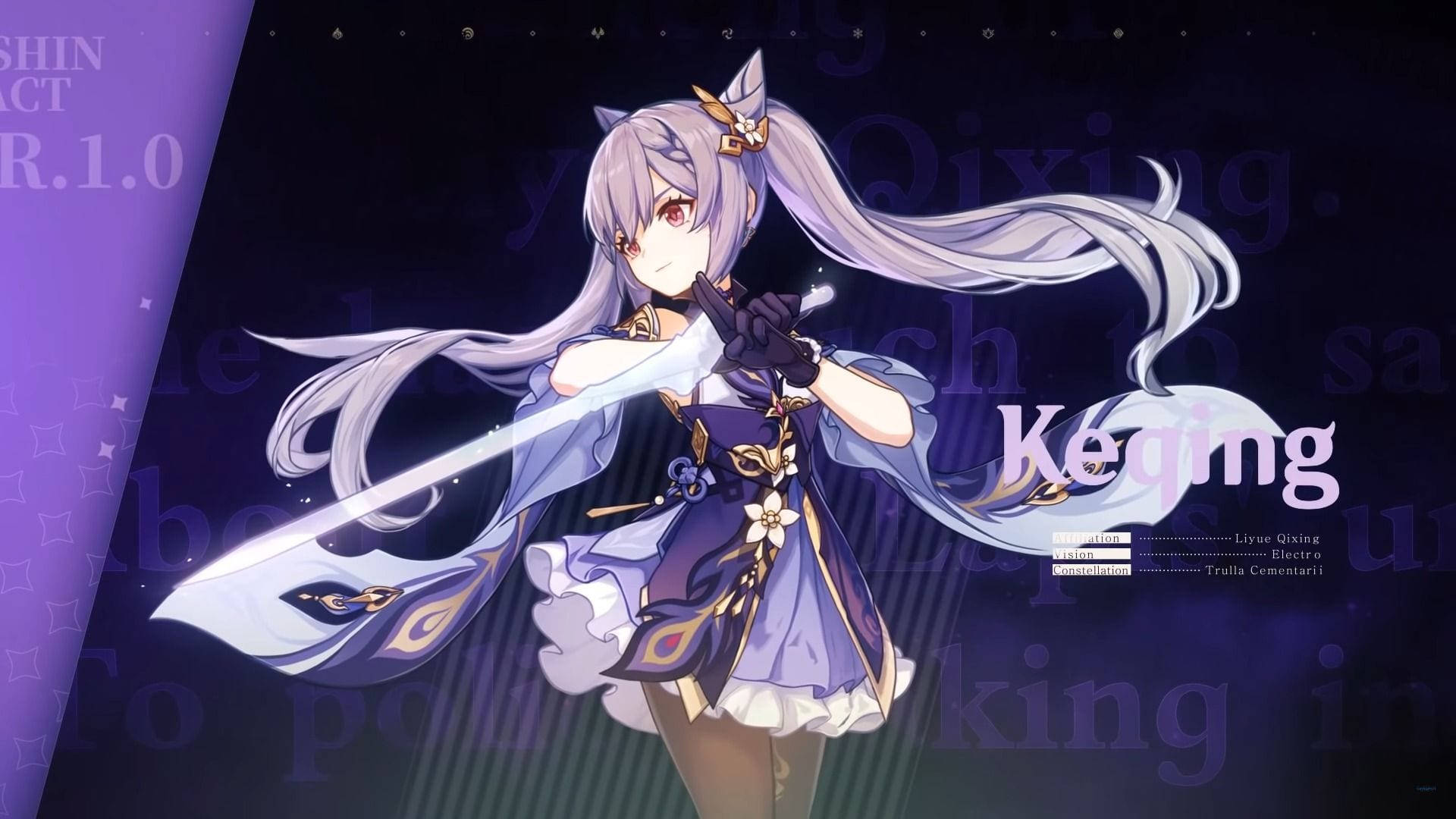 Keqing, מציבה פוזה בתלבושתה ממשחק הווידאו "Genshin Impact" טפט