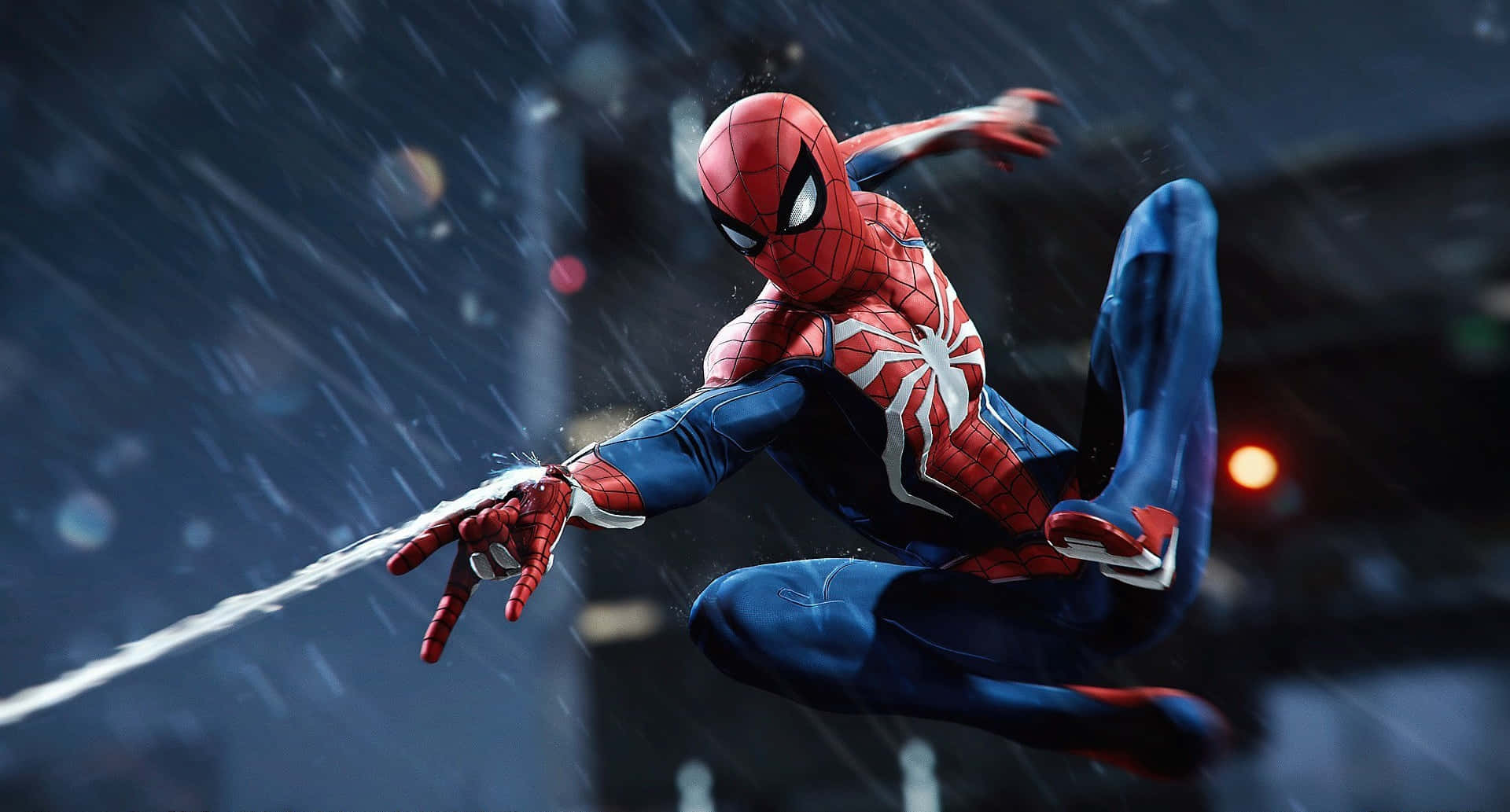 ספיידרמן יורה קורים בגשם במשחק Marvel PS4 טפט