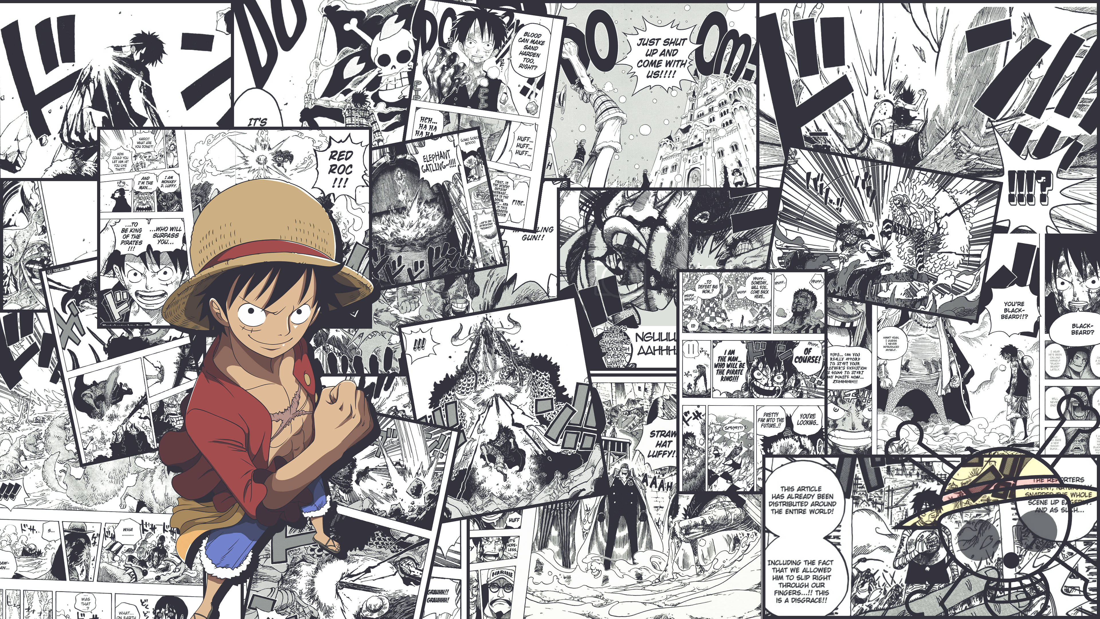 One Piece 4K רצועות מנגה בשחור-לבן טפט