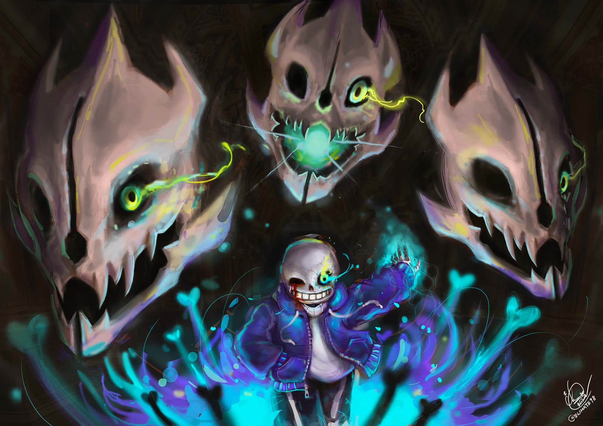 סאנס מהמשחק העצמאי Undertale מחייך בערמומיות. טפט
