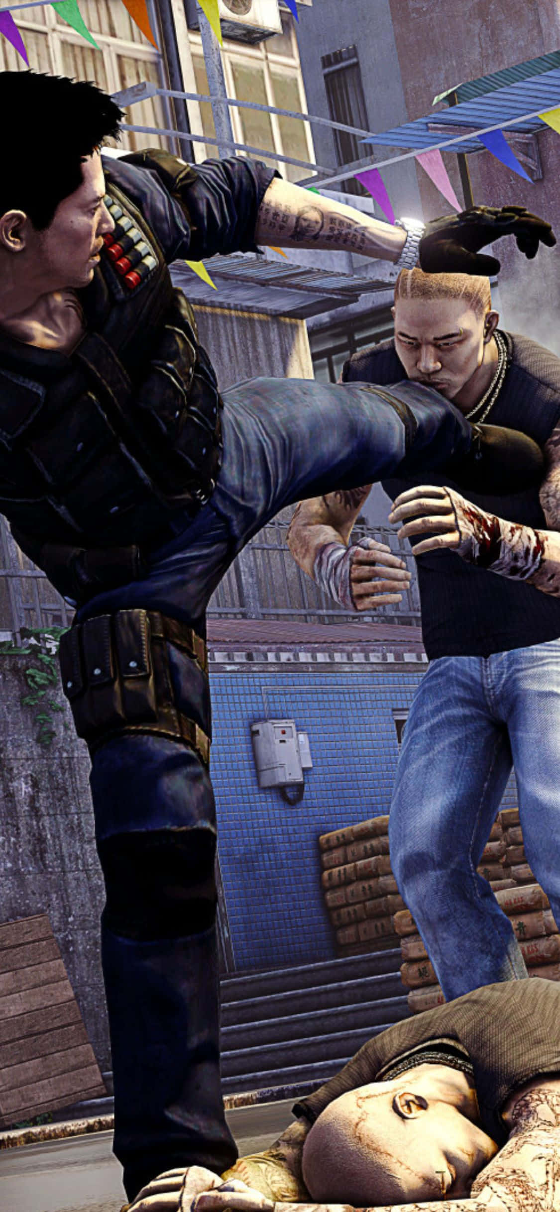 רקע של אייפון XS עם בעיטת אויב במשחק Sleeping Dogs טפט