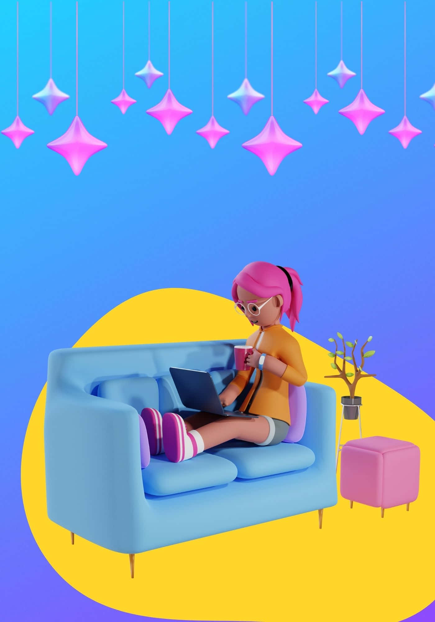 אישה תלת-ממדית מגניבה על ספה כחולה טפט