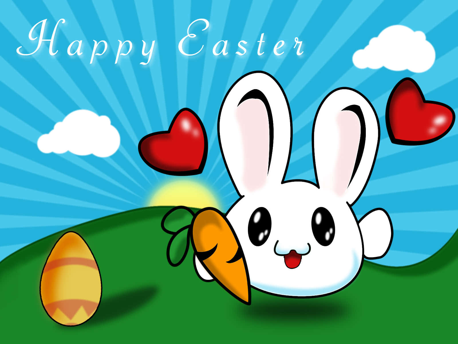 ארנב פסחא מקסים עם ביצים צבעוניות מצוירות באחו שטוף שמש טפט