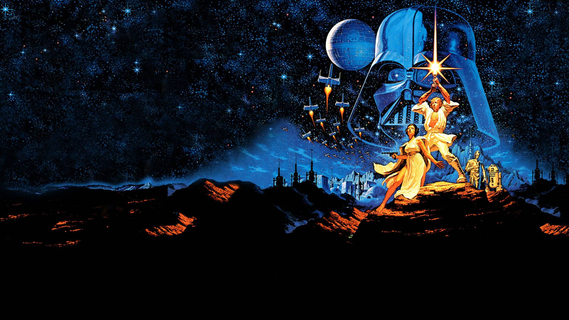 טפט של מלחמת הכוכבים המציג את הנסיכה ליה והאן סולו עומדים על אדמת כוכב אחר.