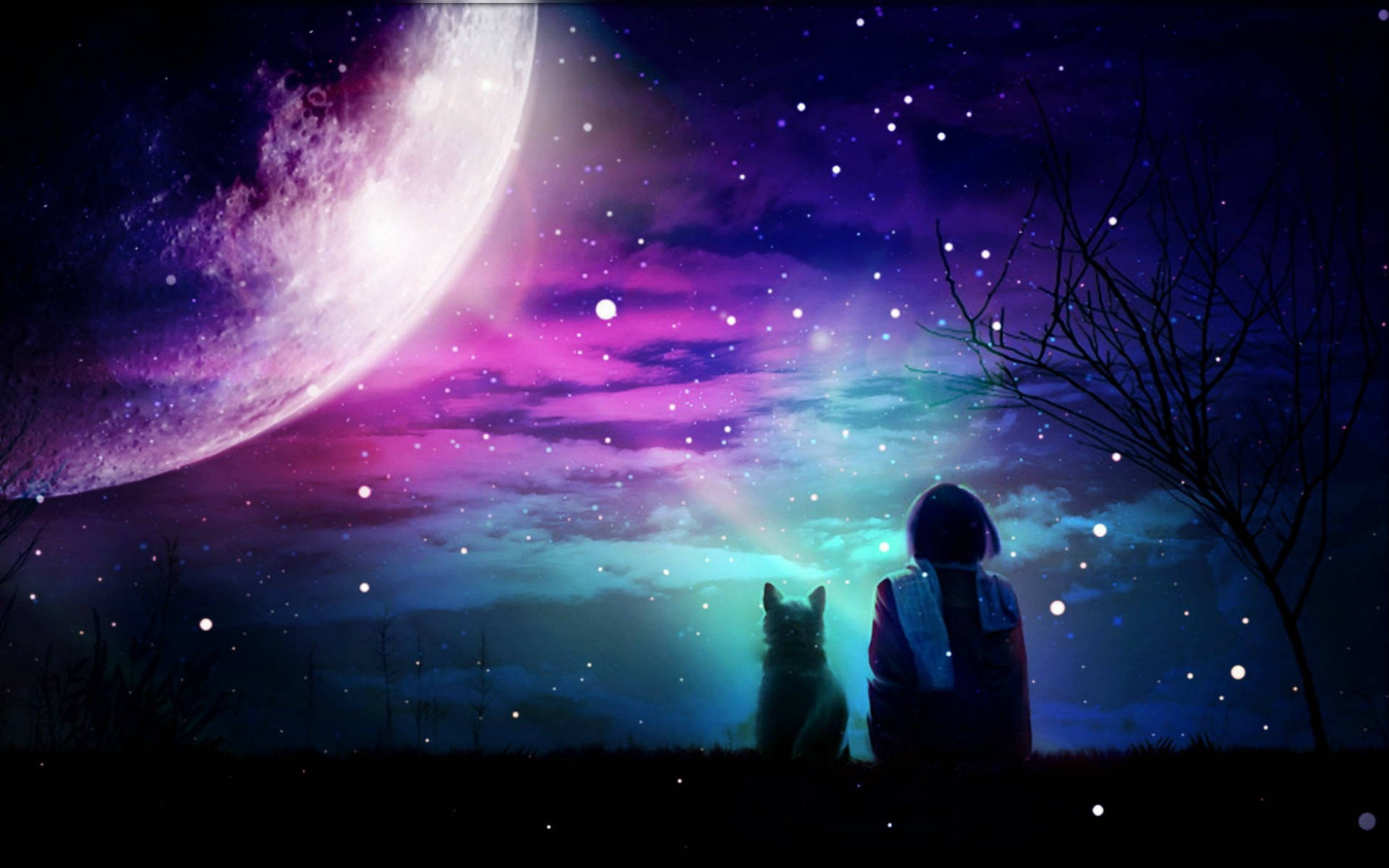 גלקסיה סגולה וירח – אומנות דיגיטלית טפט