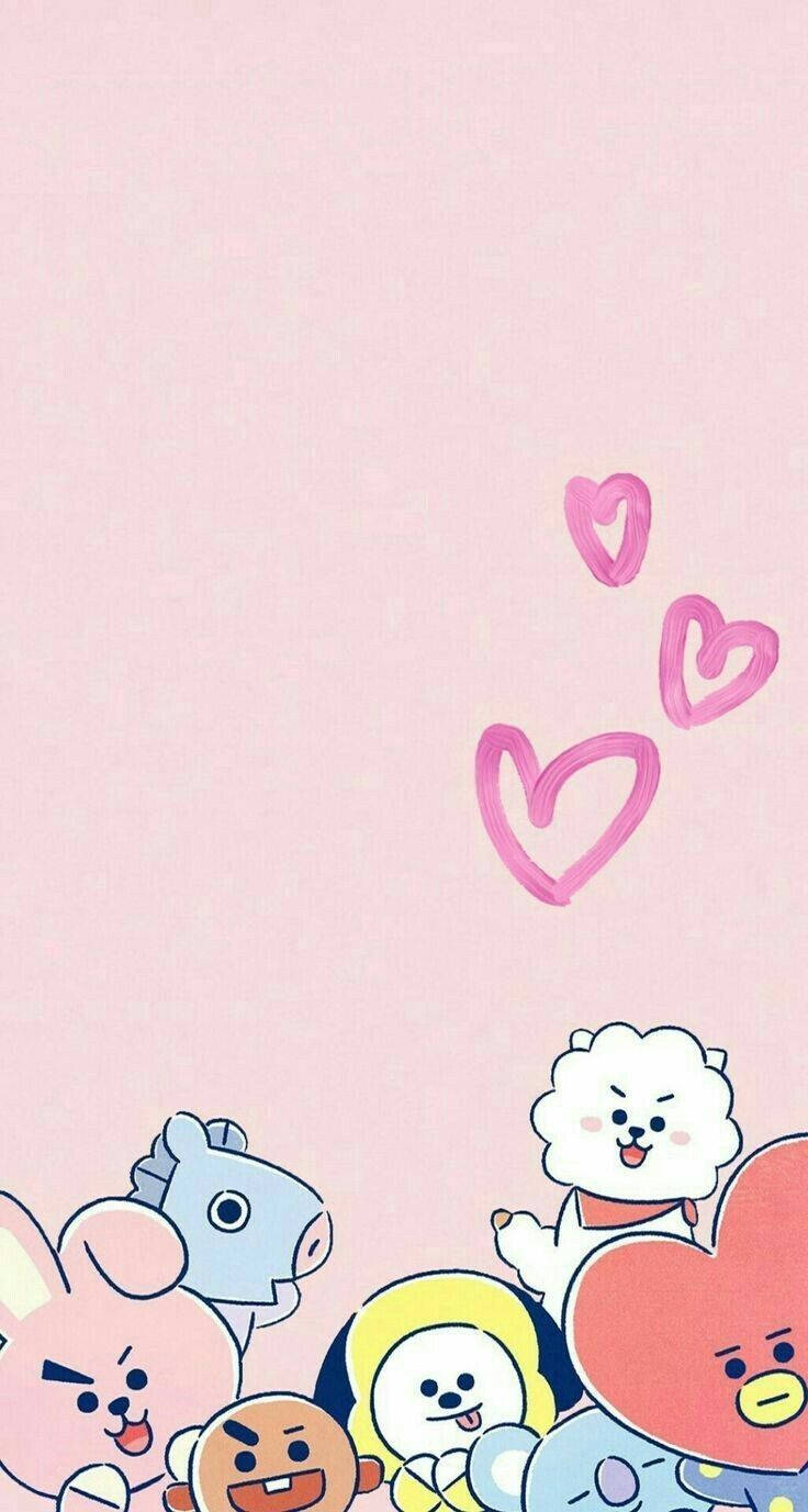 דמויות BT21 חמודות עם קווי מתאר של לבבות טפט