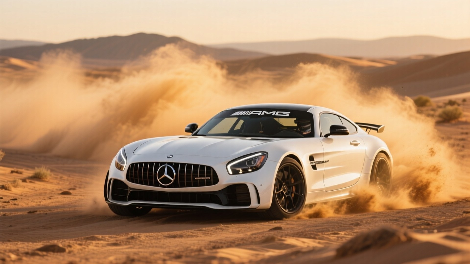 מרצדס-AMG GT R לבנה מחליקה במדבר בשעת הזהב