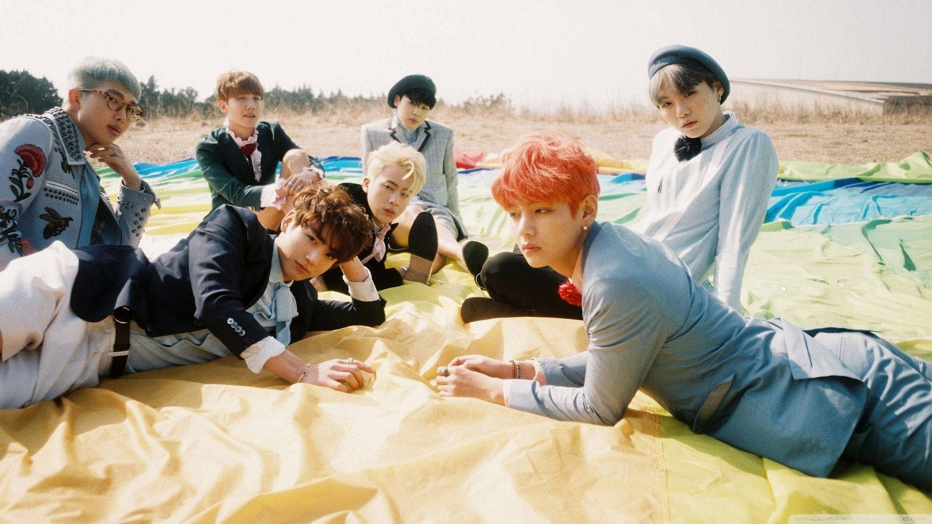 חברי BTS שוכבים על שדה עם מחשב נייד טפט