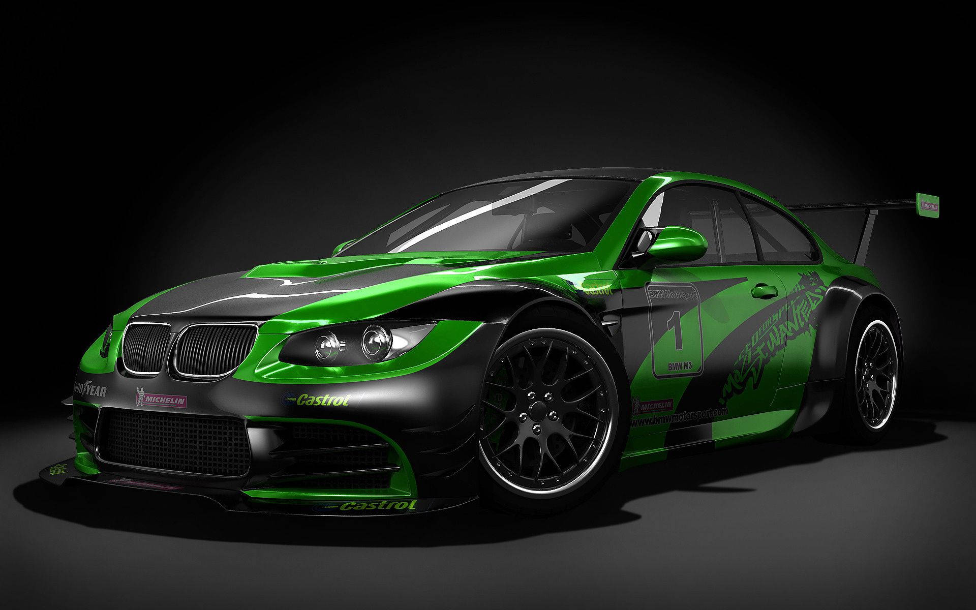 טפט של מכונית ספורט BMW M3 ירוקה ושחורה בחדר שחור