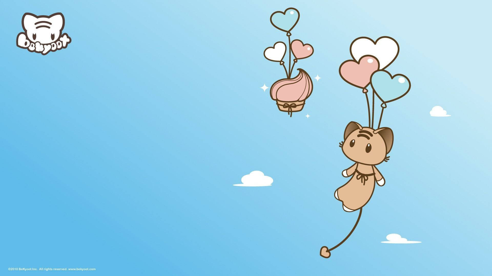 תמונת רקע של חתול קוואיי מקסים עף עם בלונים. — קוואי טפט