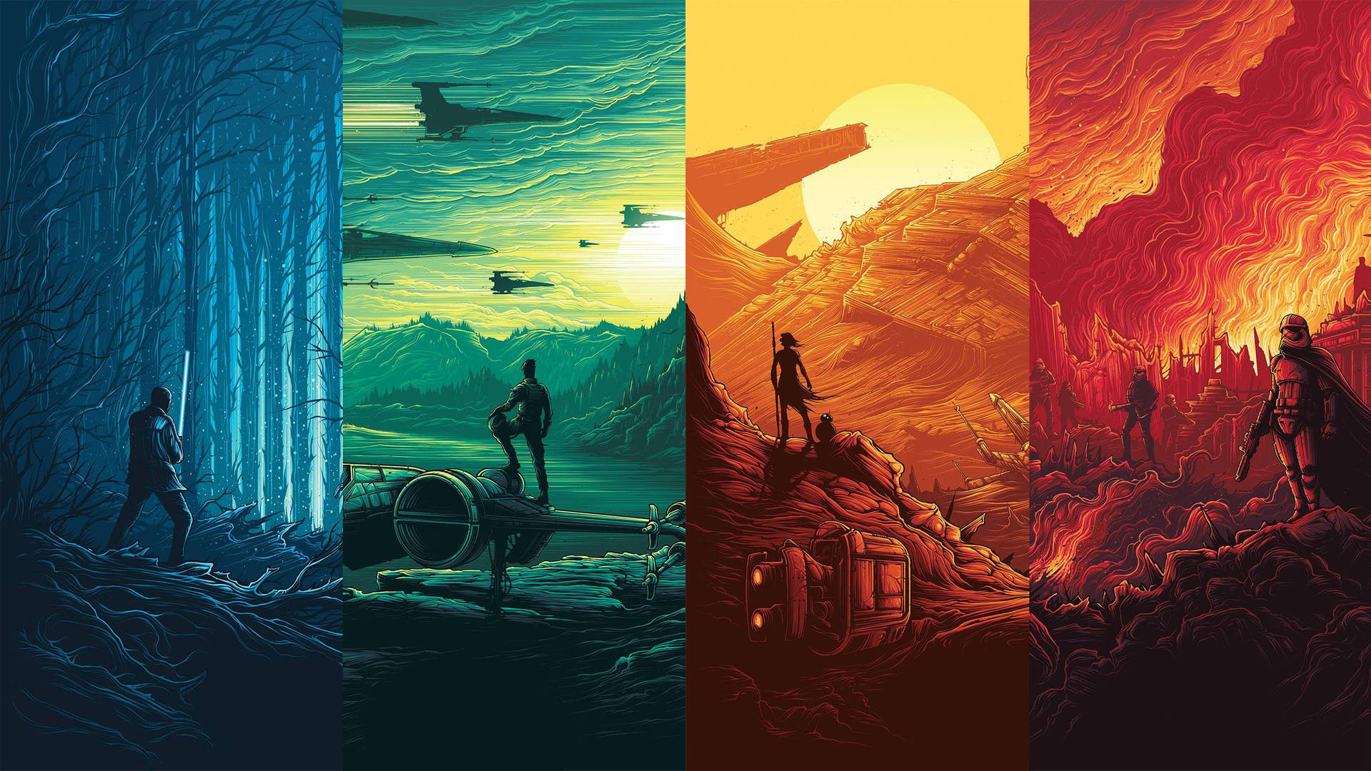 טפט Star Wars של חייל סער עומד על סלעים בשדה קרב בסרט הכוח מתעורר