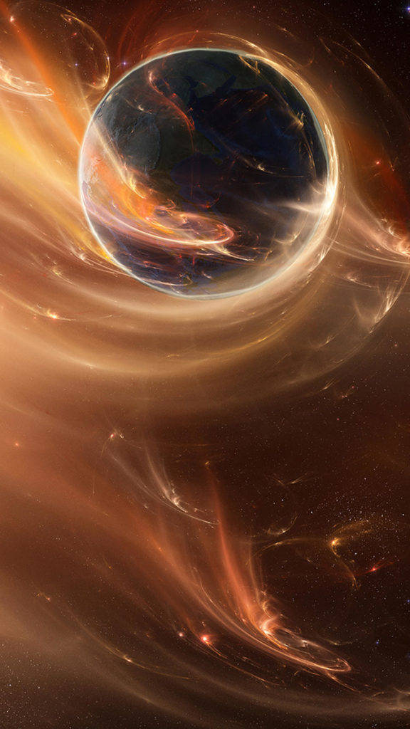 כוכב לכת עם אור זהב בחלל לאייפון טפט