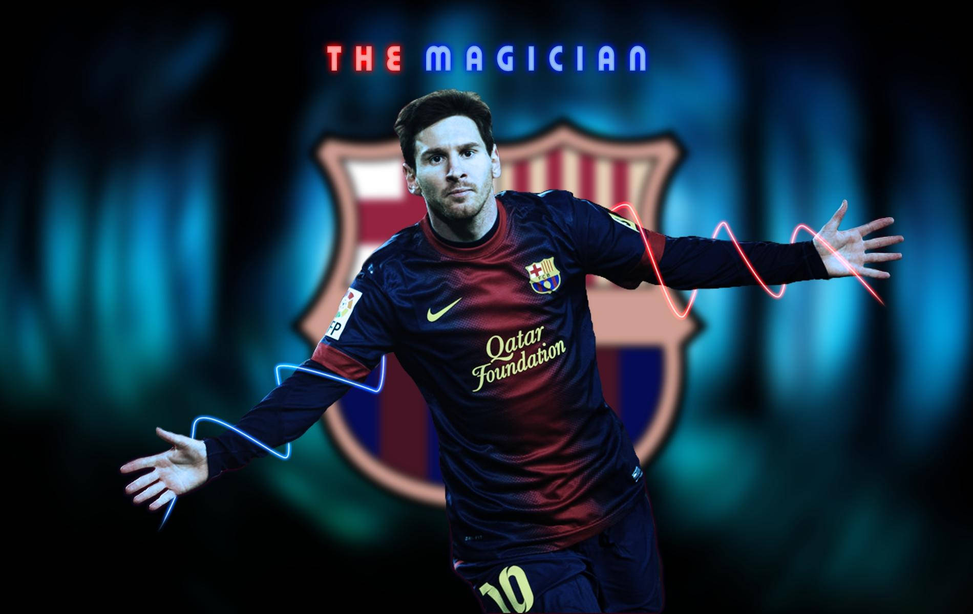 ליונל מסי עם הטקסט הקוסם ולוגו FCB — מסי טפט