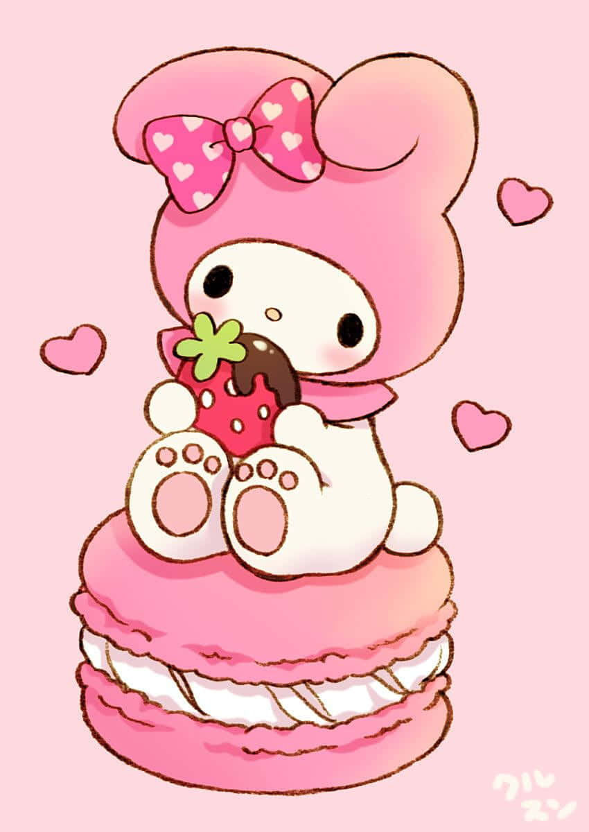 מי מלודי החמודה אוכלת תות על מקרון — Sanrio GIF טפט