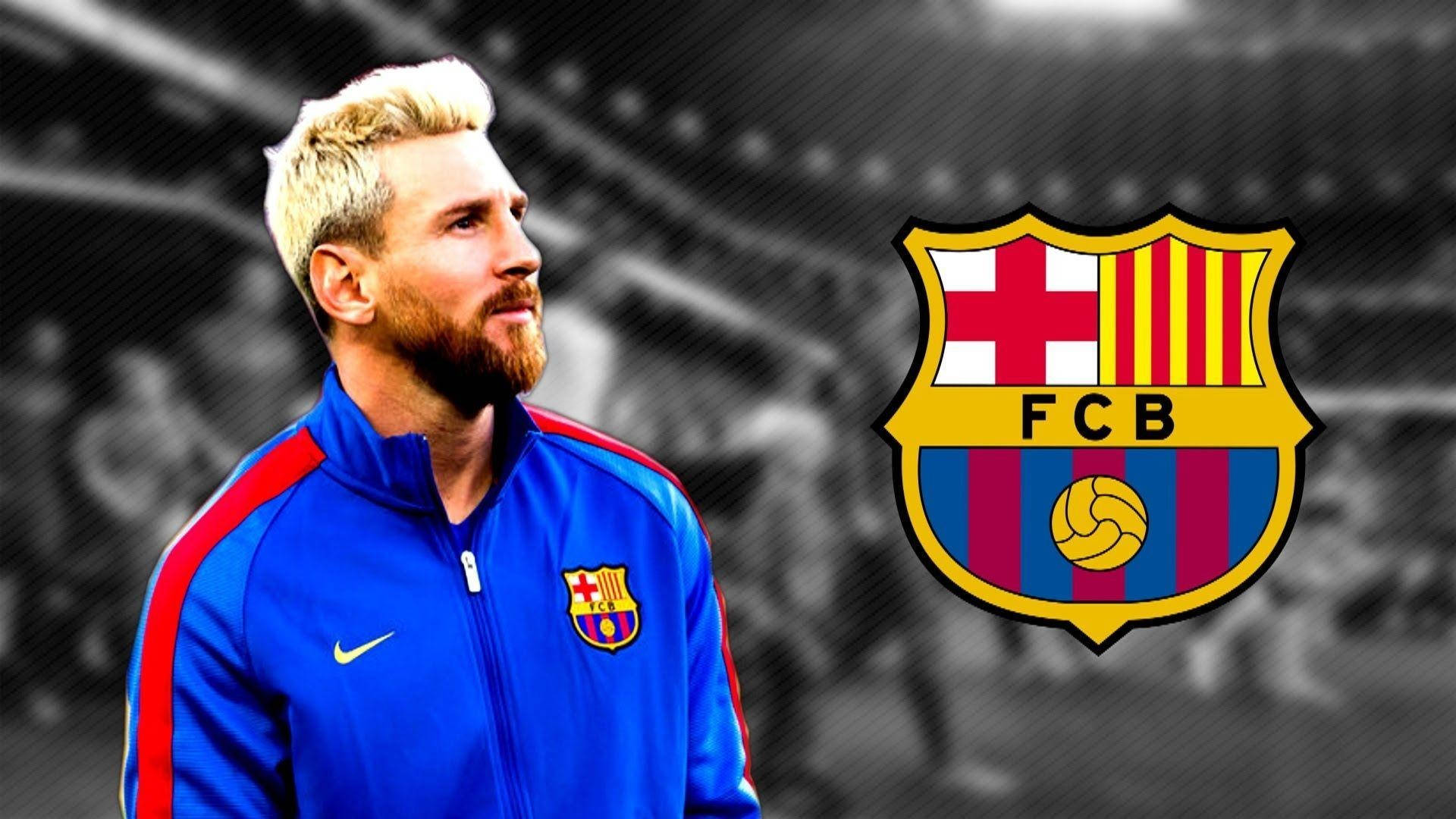 ליונל מסי לצד לוגו FCB בתמונה בגווני אפור — מסי טפט