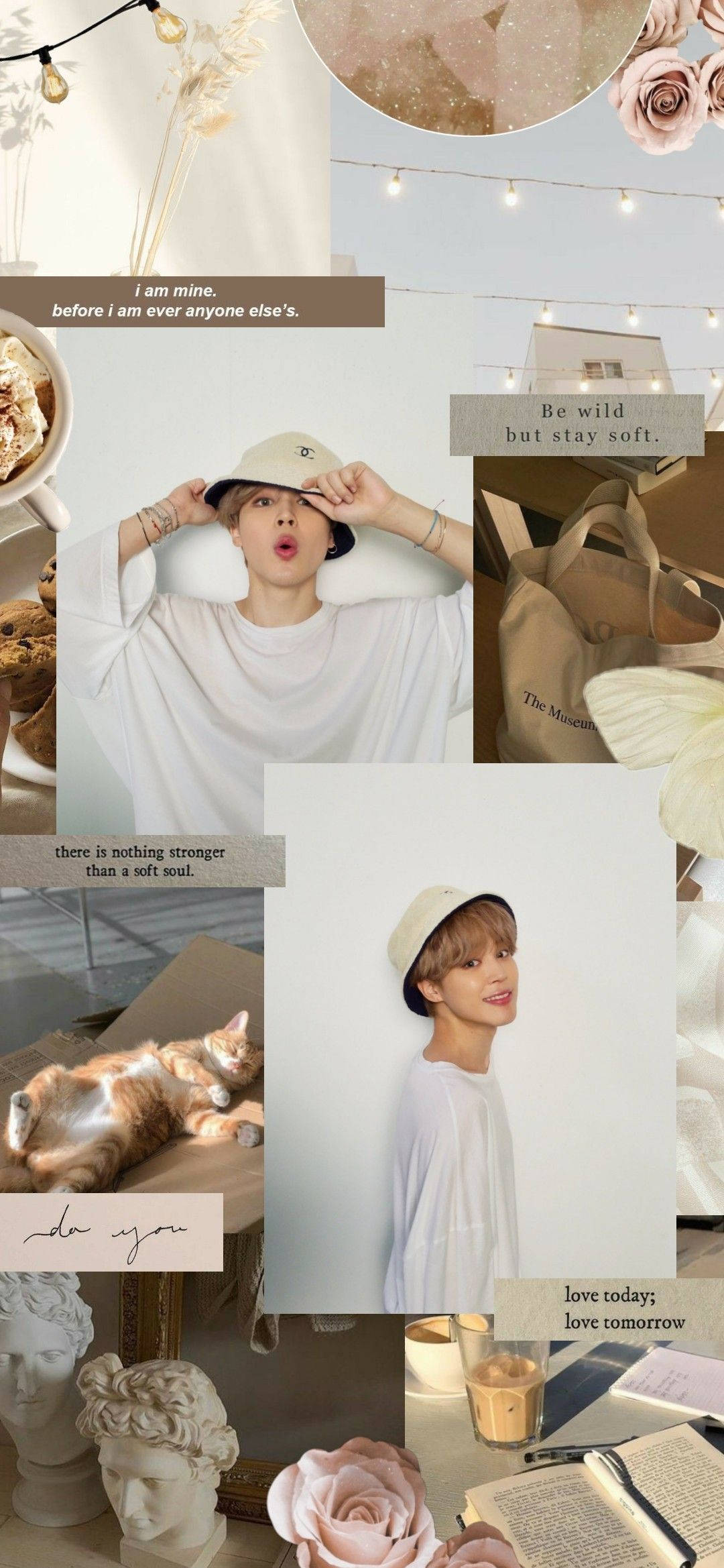 קולאז' אסתטי בצבע בז' של ג'ימין מ-BTS טפט