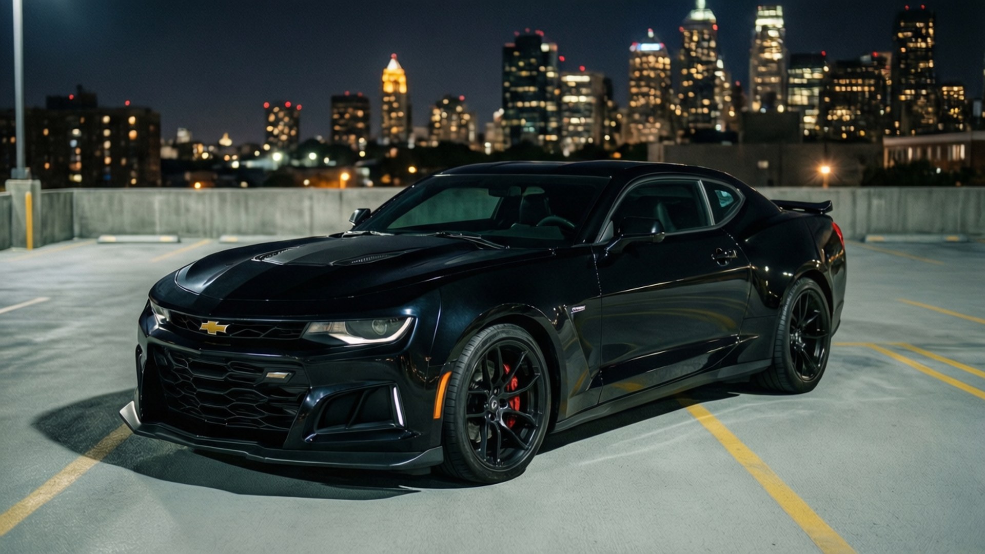 קמארו ZL1 שחורה חונה בחניון על גג עם קו הרקיע של העיר בלילה.