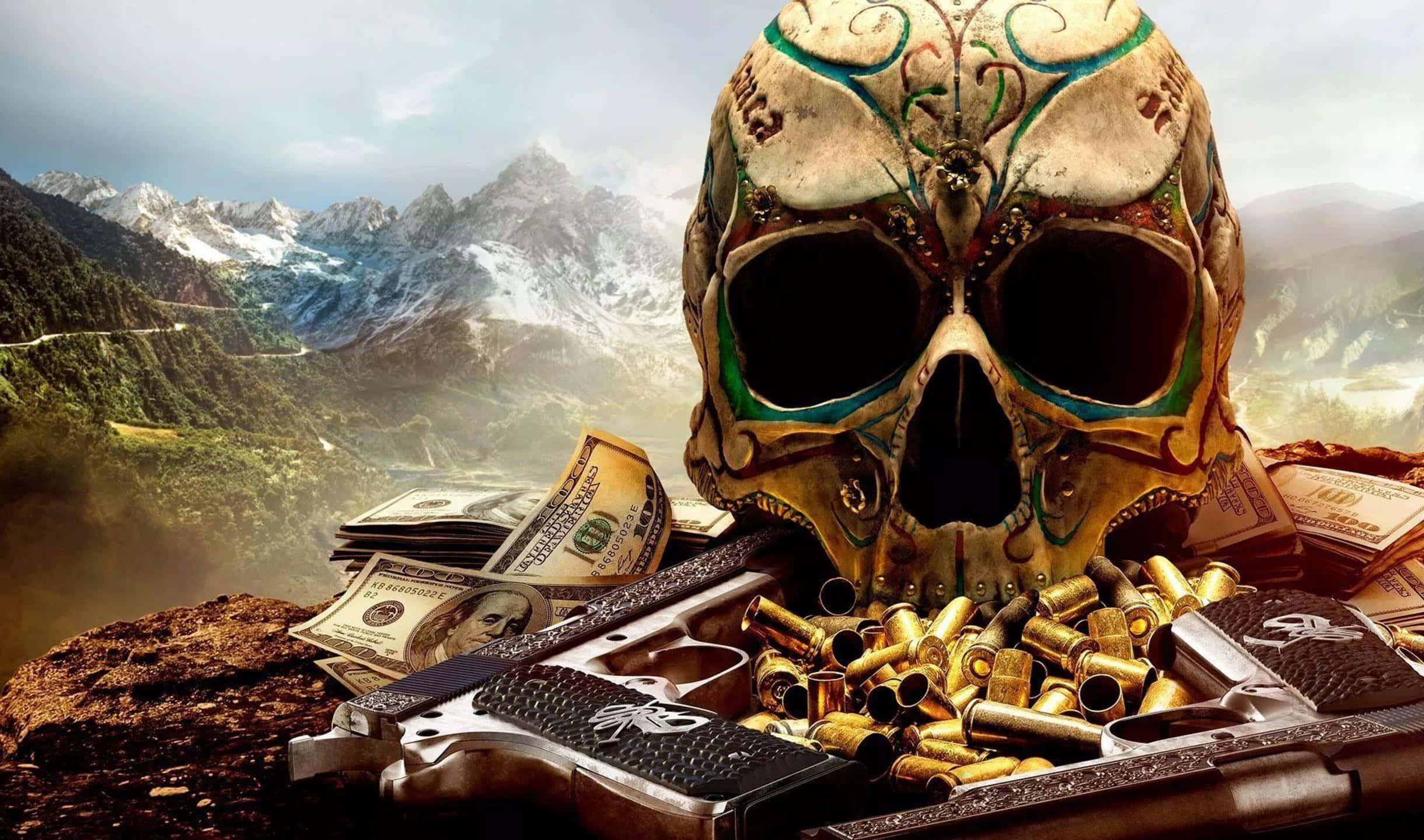רקע 2440x1440 של Ghost Recon Wildlands עם גולגולת וכדורים טפט
