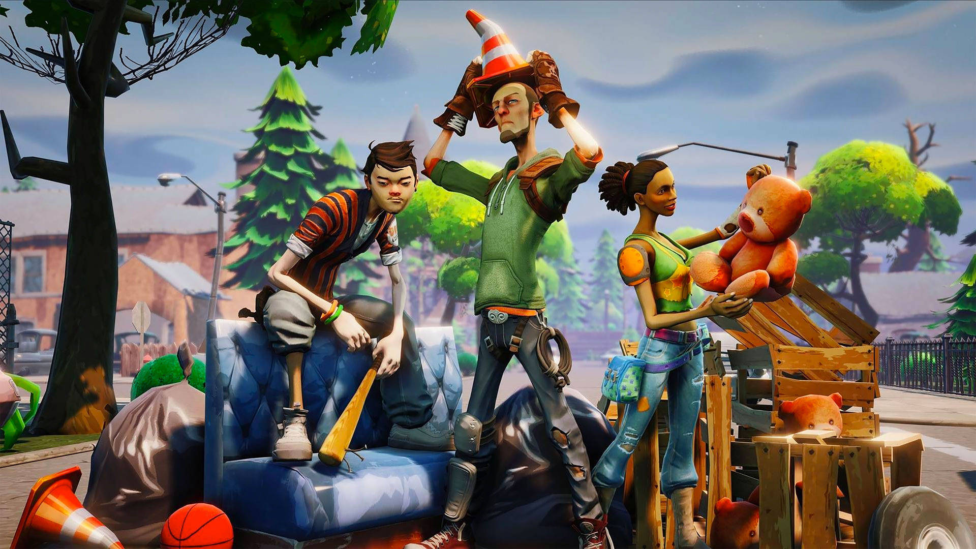 שלוש דמויות מ-Fortnite מצטלמות ברחובות טפט HD. — פורטנייט טפט