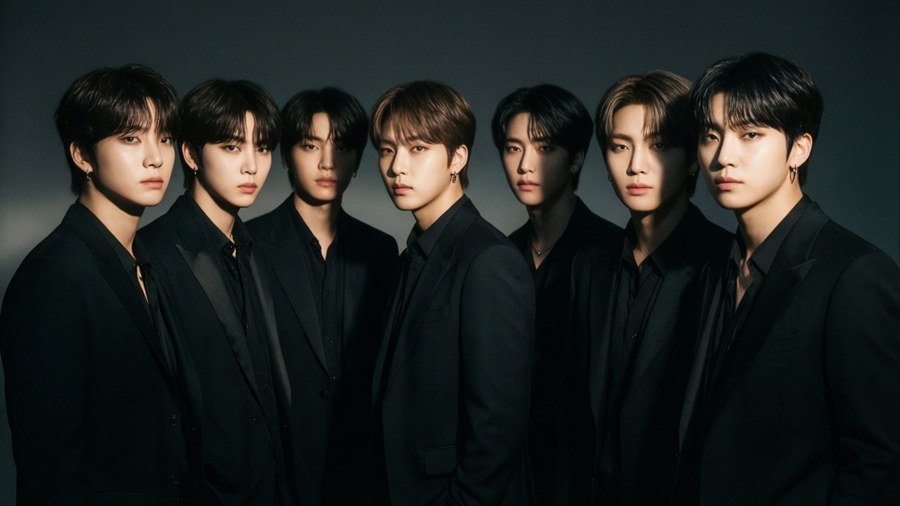 BTS בחליפות שחורות אלגנטיות עם תאורת נואר דרמטית.