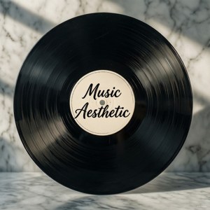 תקליט ויניל עם הטקסט 'Music Aesthetic' על רקע שיש מינימלי. — מוזיקה אסתטית טפט