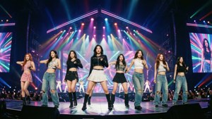 TWICE מופיעות על במה תוססת עם אורות ניאון. — 트와이스 טפט