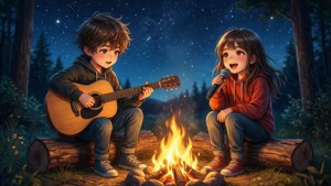ילדים בסגנון אנימה שרים ומנגנים בגיטרה סביב מדורה תחת כוכבים.