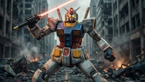 RX-78-2 גונדאם בתנוחת קרב דרמטית בתוך עיר חרבה.