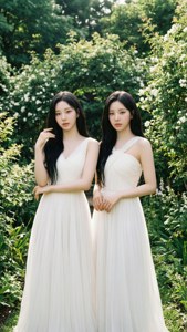 TWICE בשמלות לבנות בגן שופע עם אור שמש רך. — 트와이스 טפט
