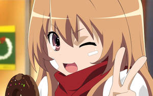טפט סלפי של טאיגה אייסאקה מ-Toradora עם סימן שלום