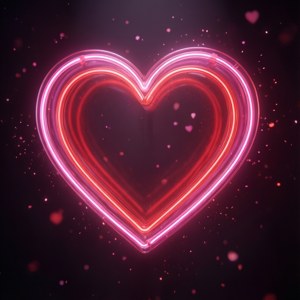 לב ניאון זוהר צף בחלל חשוך עם חלקיקים.