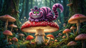 חתול צ'שייר על פטריה ענקית ביער מוקסם. — Чеширский кот טפט