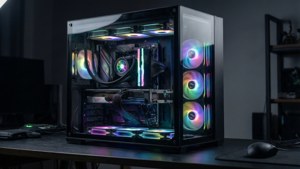 מחשב גיימינג מינימליסטי ברמה גבוהה עם רכבי RGB זוהרים. — משחקים טפט