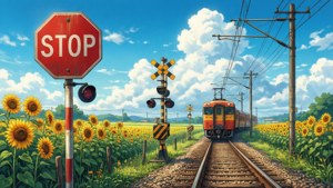 מעבר רכבת בסגנון אנימה מוקף בשדות חמניות.
