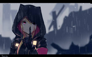 טפט נערת אנימה עם קפוצ'ון מ-Girls' Frontline — ילדת אנימה חמודה טפט
