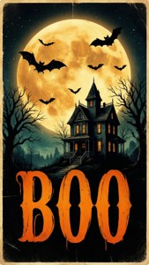 פוסטר רטרו עם ירח, עטלפים, בית רדוף וטקסט BOO